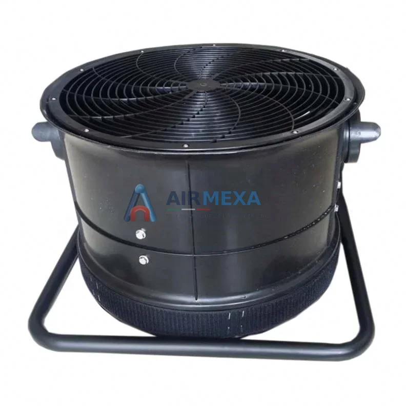 Soplador comercial de 750W para muñeco bailarín inflable, vista de conexión y ducto